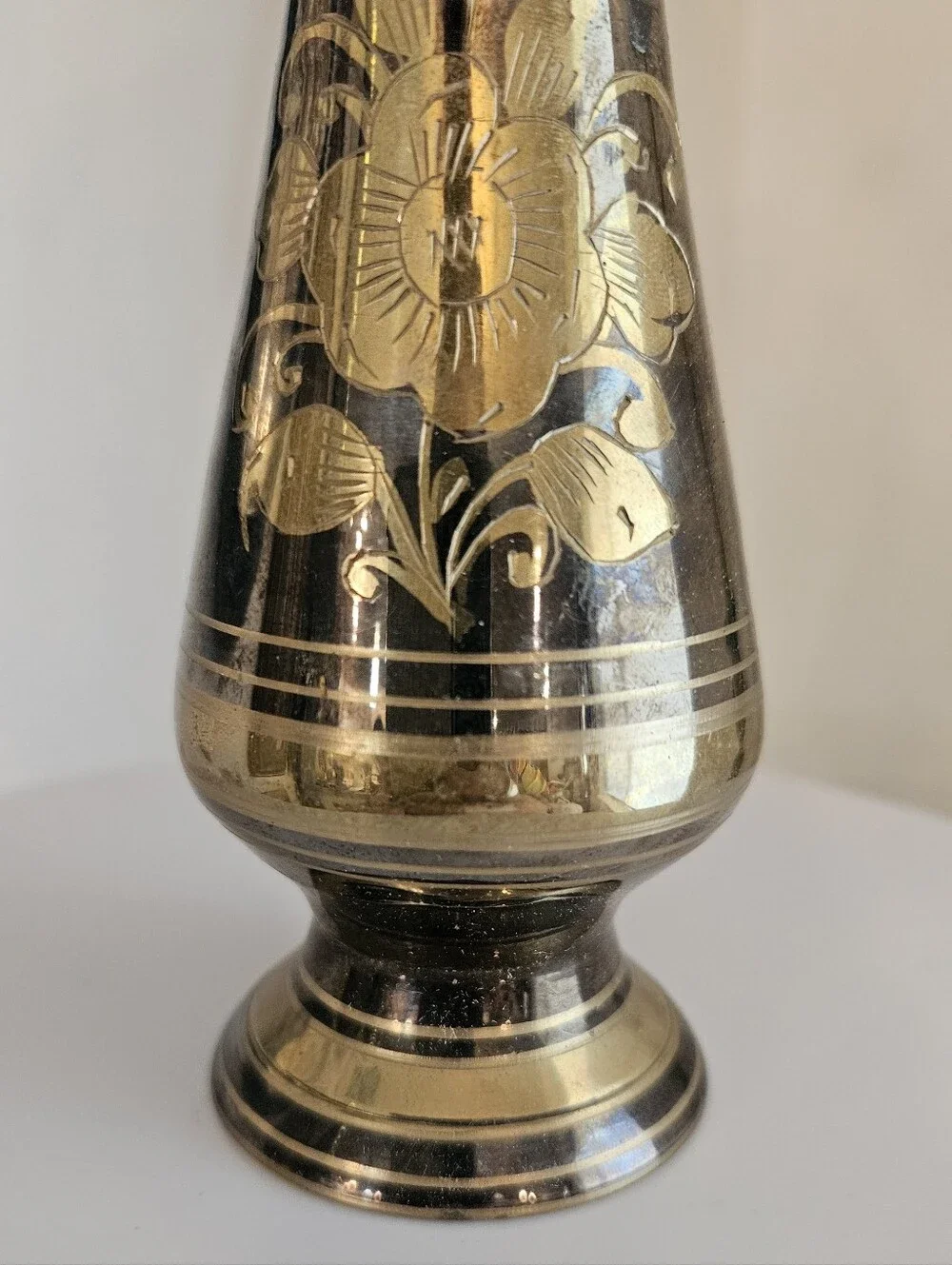 Vintage Brass Floral Etched Vase